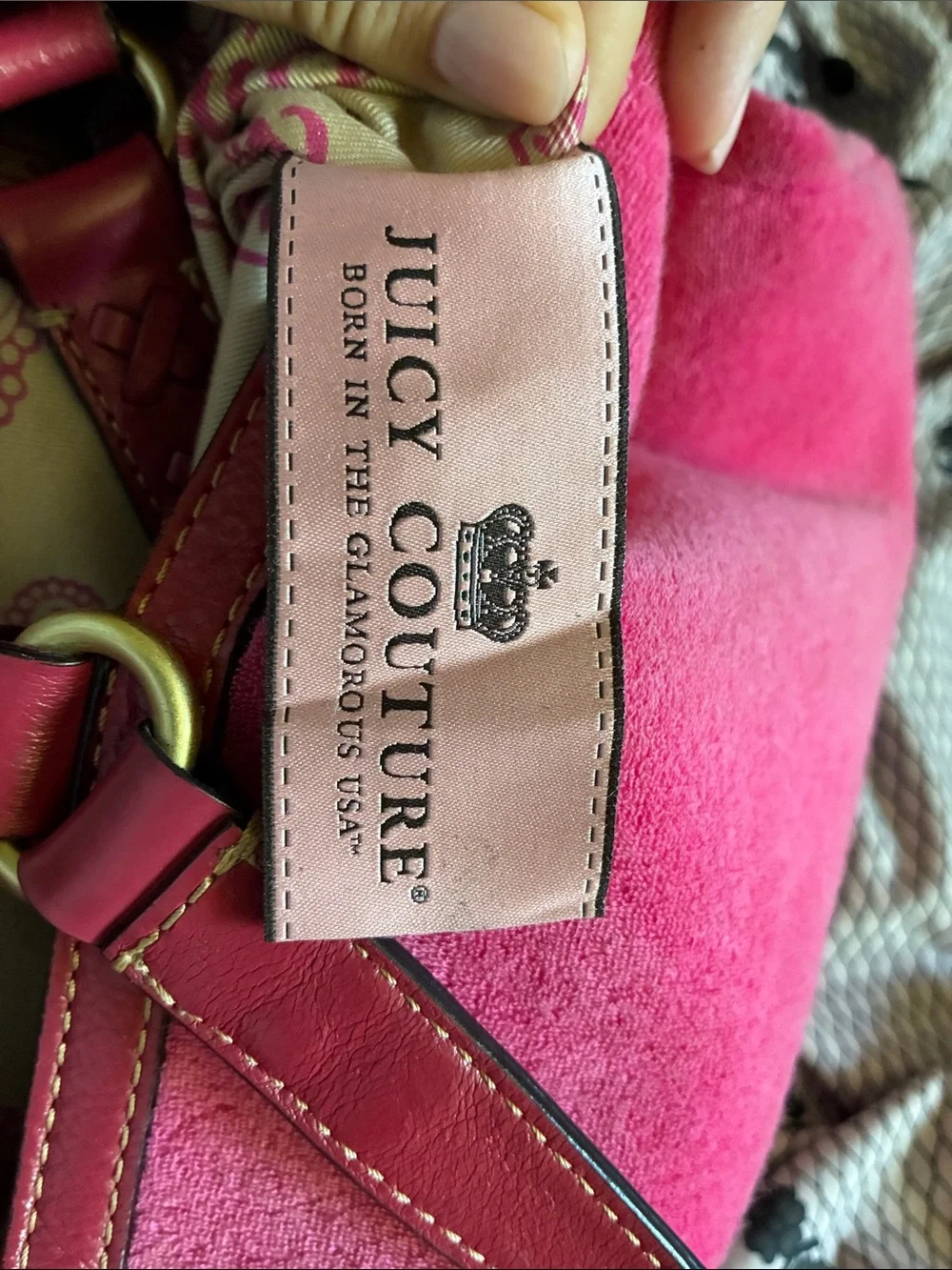 Juicy Couture Hot Pink Suede Tote with Gold Embroidery and Heart Charms
